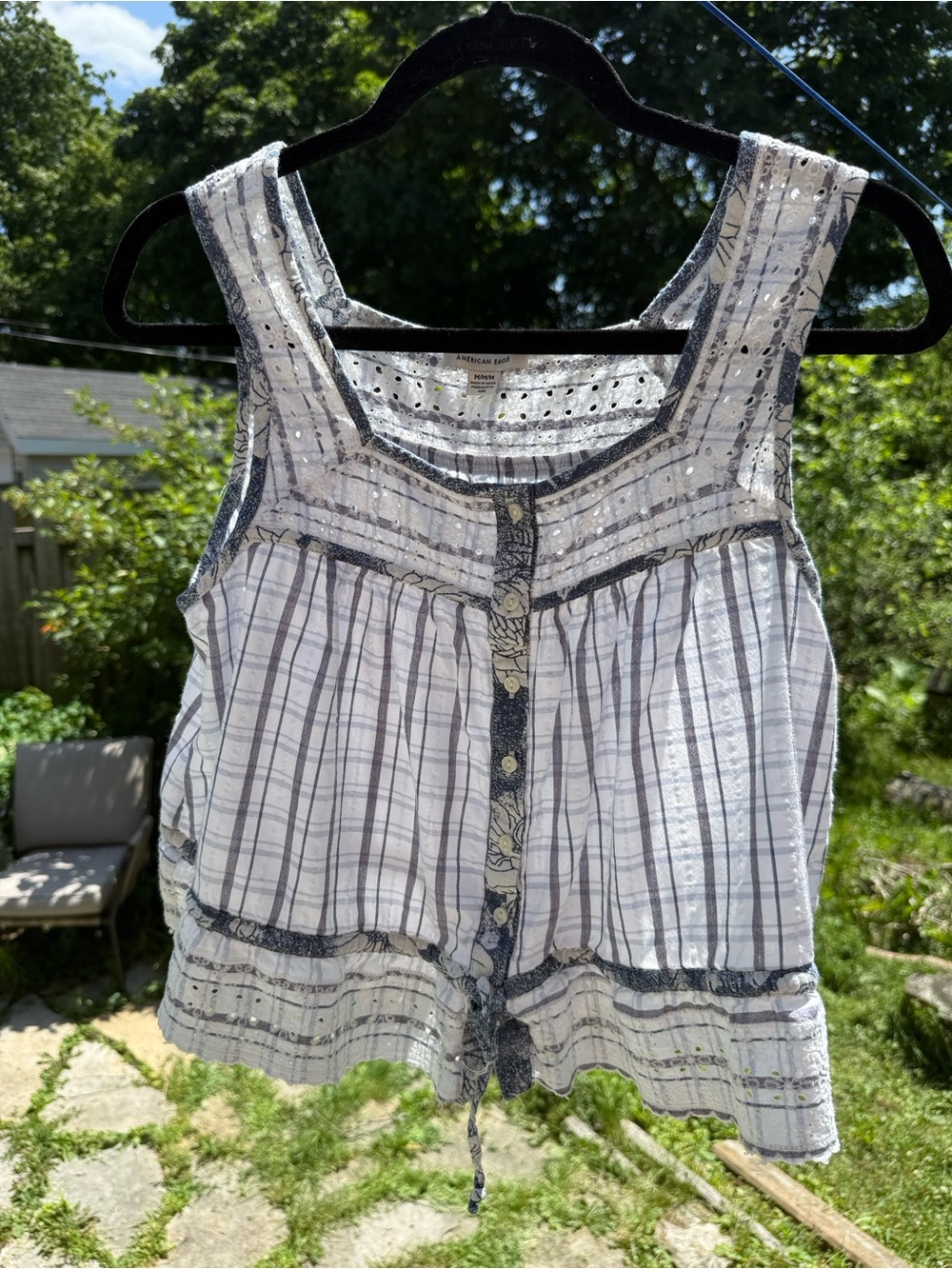 American Eagle Outfitters White & Blue Striped Eyelet Button-Front Tank